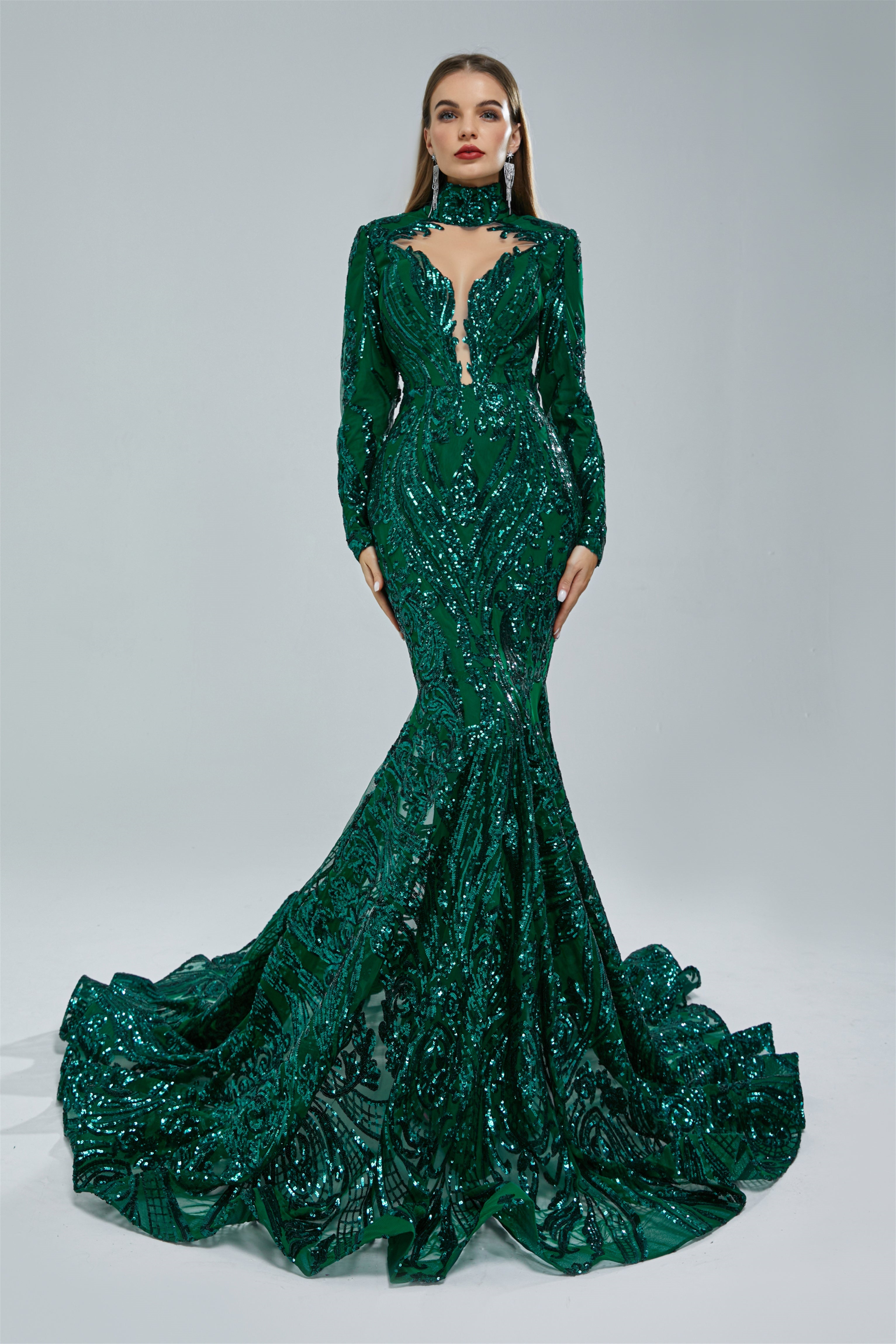 Gorgeous Long Sleeves Emerald Green Prom Dress Mermaid Sequins Long