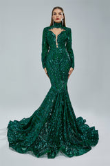 Gorgeous Long Sleeves Emerald Green Prom Dress Mermaid Sequins Long