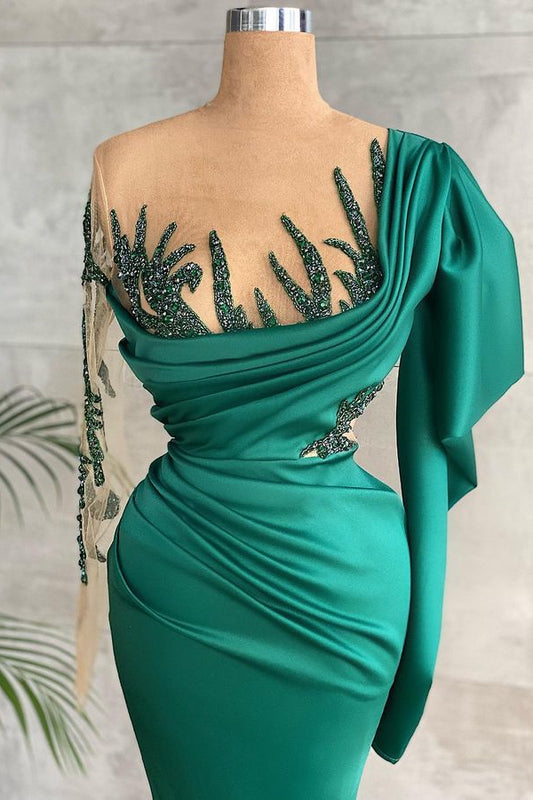 Glamorous Emerald Green Long Sleeves Prom Dresses Mermaid Long With Beadings