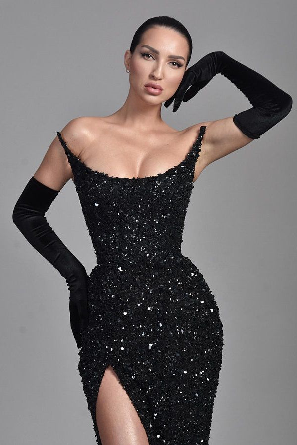 Chic Black Strapless Prom Dress Mermaid Sequins Long With  Split