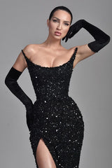 Chic Black Strapless Prom Dress Mermaid Sequins Long With  Split