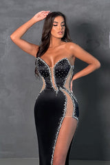 Chic Black Sweetheart Sleeveless Mermaid Prom Dress Beadings With Split