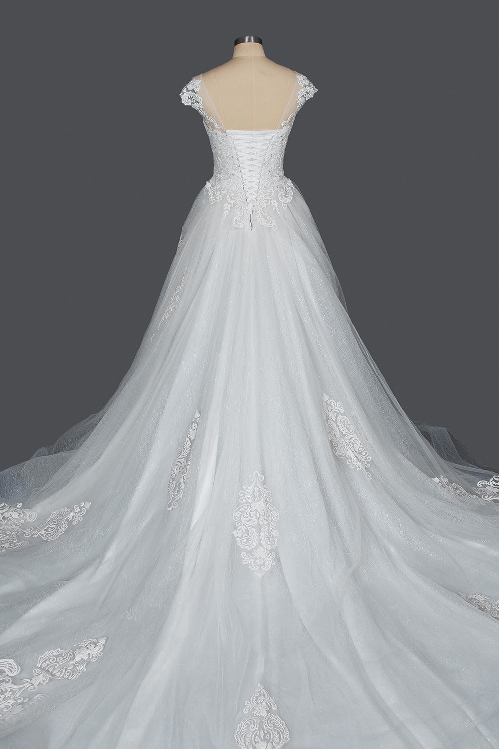 Elegant Cap Sleeve Sheer Tulle Ball Gown Wedding Dress With V-neck Lace