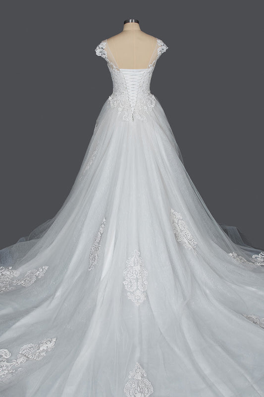 Elegant Cap Sleeve Sheer Tulle Ball Gown Wedding Dress With V-neck Lace