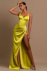 Daffodil Long Prom Dress Halter Sleeveless Gown with Pleated Slit