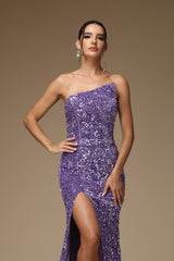 Sleeveless Prom Dress Sequins Purple With High Slit Asymmetric