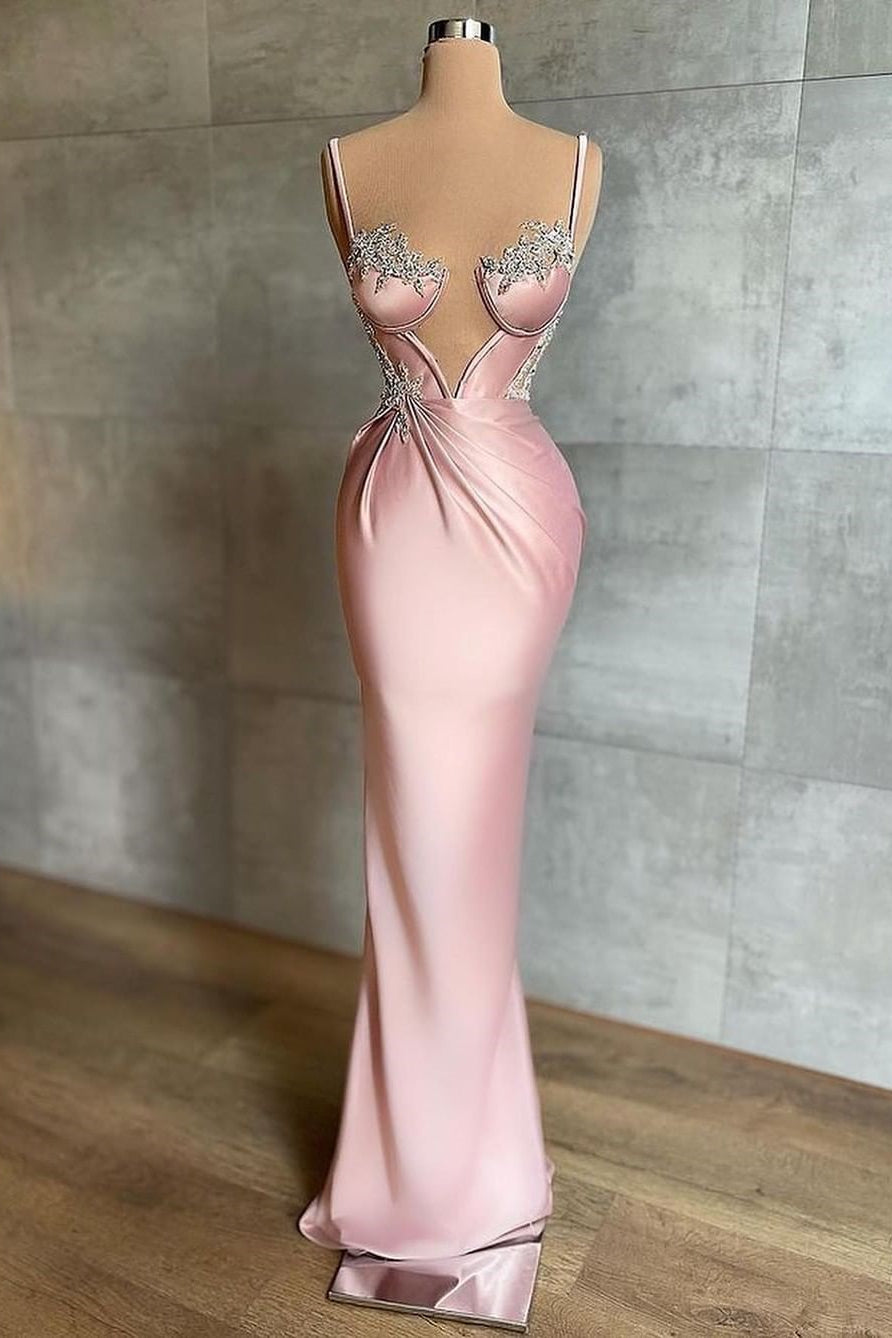 Gorgeous Pink Spaghetti-Straps Sleeveless Prom Dresss Mermaid With Appliques
