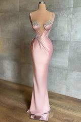 Gorgeous Pink Spaghetti-Straps Sleeveless Prom Dresss Mermaid With Appliques