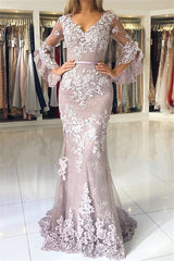 Half Sleeves Appliques Fit and Flare Prom Dresses Long