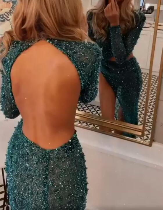 Glamorous High Neck Dark Green Long Sleeves Prom Dress Split With Sequins
