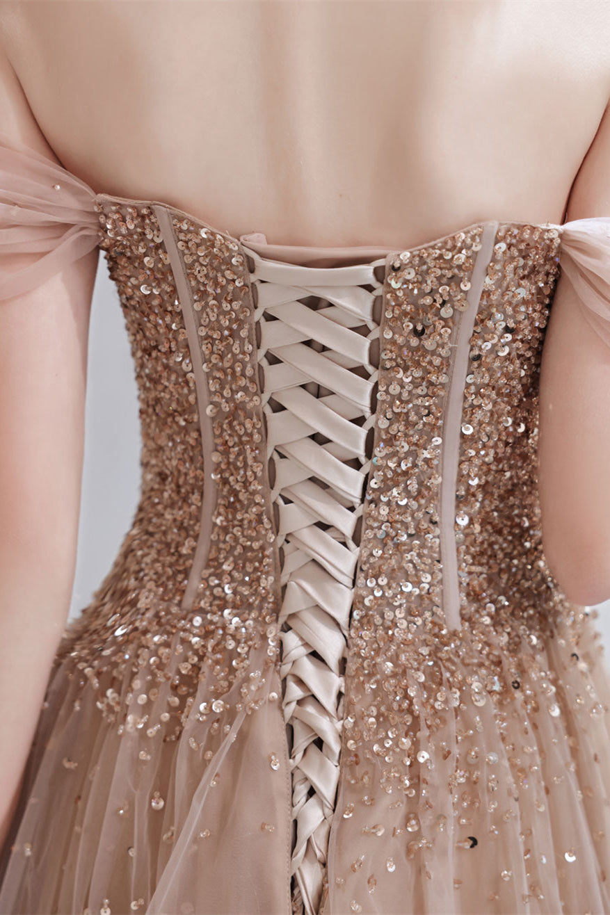 Gorgeous Off-the-Shoulder Tulle Prom Dress With Sequins Lace-Up