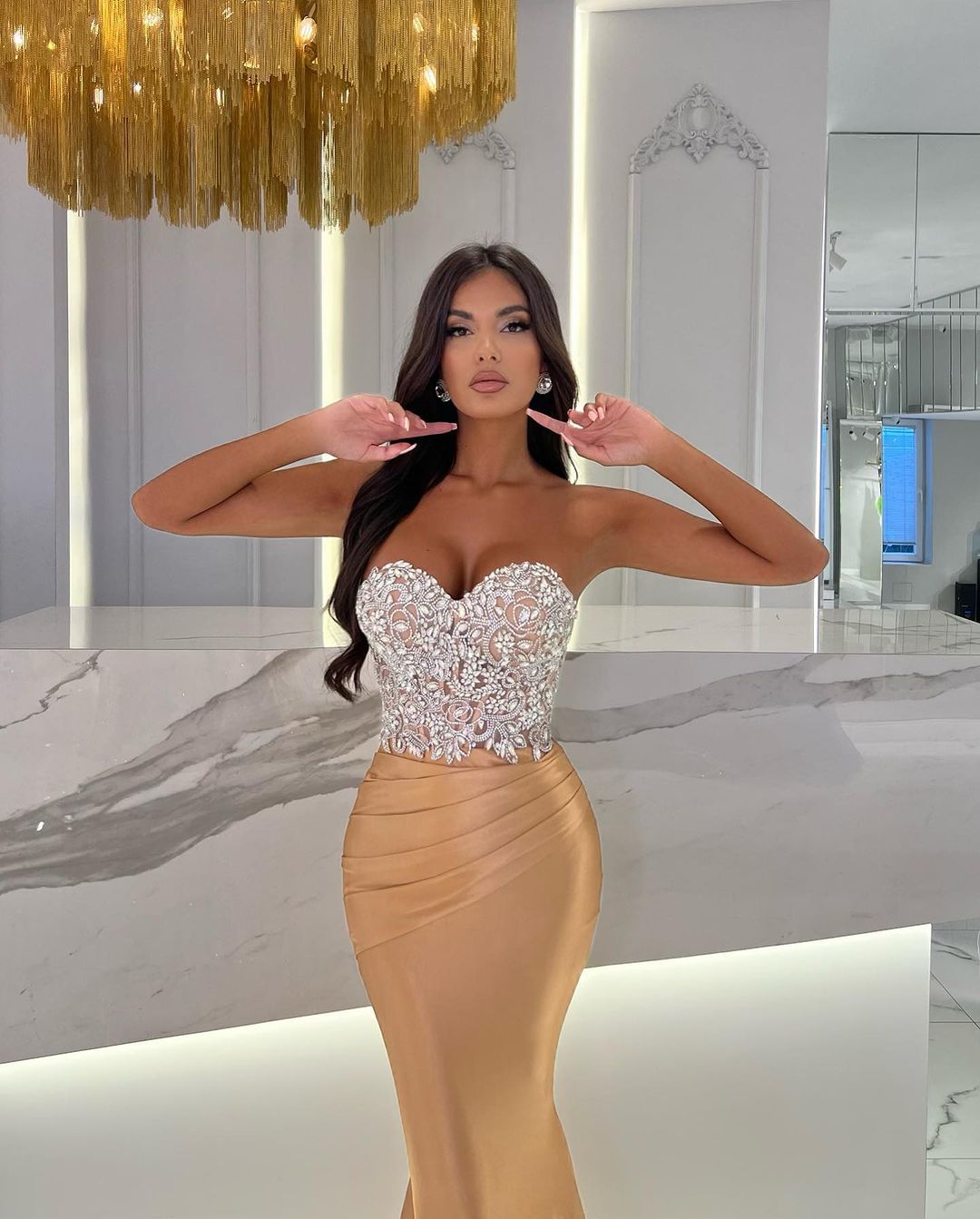 Gold Sequin Mermaid Prom Dress Long Sweetheart Pleated Sleeveless