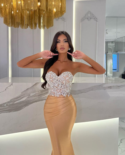 Gold Sequin Mermaid Prom Dress Long Sweetheart Pleated Sleeveless