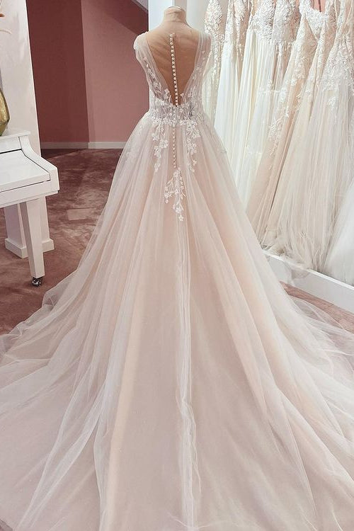 Elegant A-Line Wedding Dress with Wide Straps, Ruffles, and Lace Appliques on Tulle