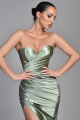 Modern Dusty Sage Sweetheart Prom Dress Mermaid Pleats With Split