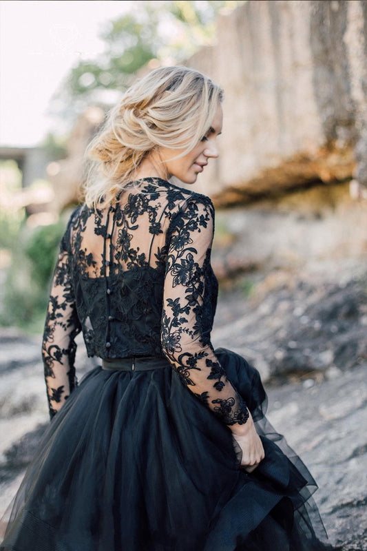 Elegant Black A-Line Wedding Dress with Bateau Neckline, Long Sleeves, and Lace Appliques