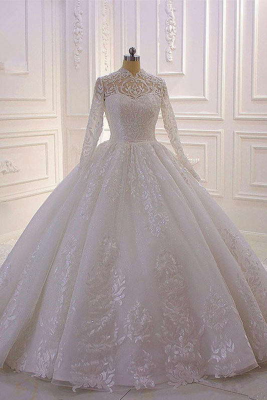 Elegant Long Sleeve High Neck A-line Wedding Dress with Lace, Pearls, and Sequined Ruffles