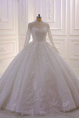 Elegant Long Sleeve High Neck A-line Wedding Dress with Lace, Pearls, and Sequined Ruffles