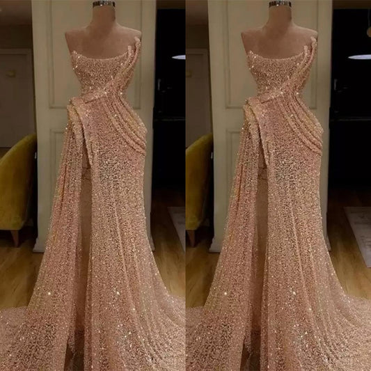 Gorgeous Strapless Sequins Prom Dress Long Evening Party Gowns With Slit