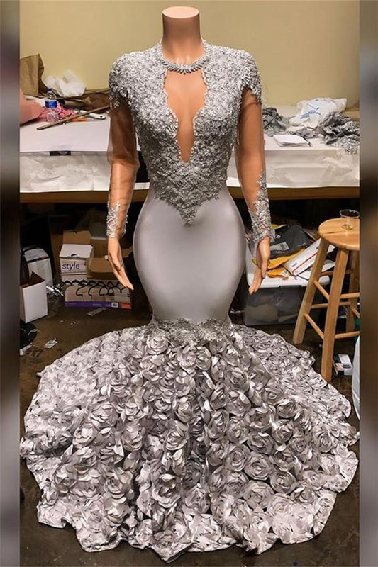 Elegant Long Sleeves Mermaid V-Neck Prom Dress Appliques with Flowers Bottom