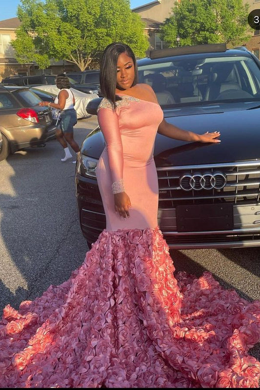 Modern Pink One Shoulder Mermaid Prom Dress With Flowers Bottom