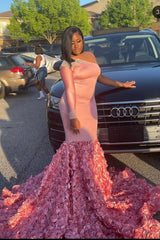 Modern Pink One Shoulder Mermaid Prom Dress With Flowers Bottom