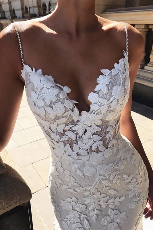 Long Mermaid Wedding Dress with Backless Spaghetti Straps and Lace Appliques