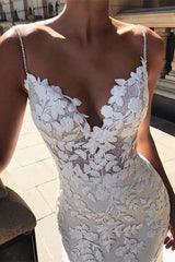 Long Mermaid Wedding Dress with Backless Spaghetti Straps and Lace Appliques