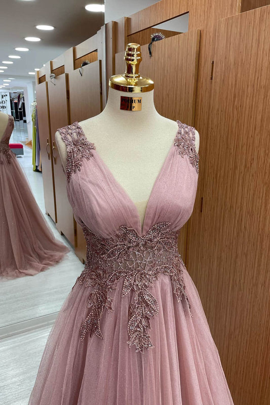 Dusty Pink V-Neck Sleeveless Prom Dress Tulle Long with Appliques