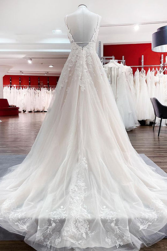 V-neck sleeveless A-line tulle wedding dress with backless design, lace appliques, and ruffles