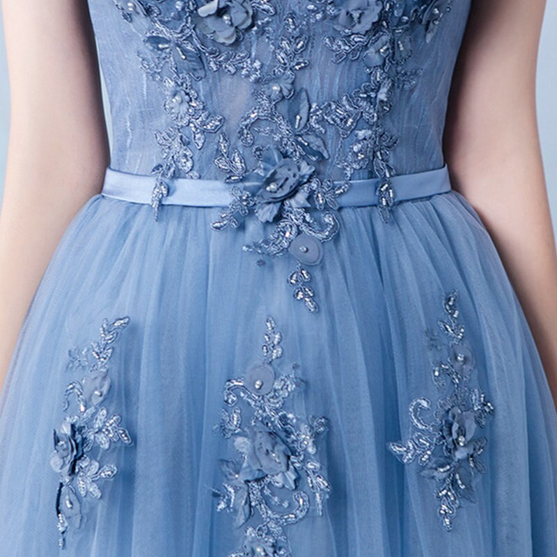 Gorgeous Off-the-Shoulder Dusty Blue Prom Dresses Tulle Long With Appliques