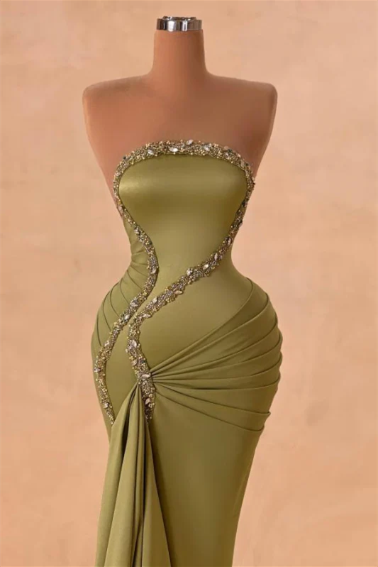 Modern Sage Strapless Mermaid Prom Dress Sleeveless With Beads