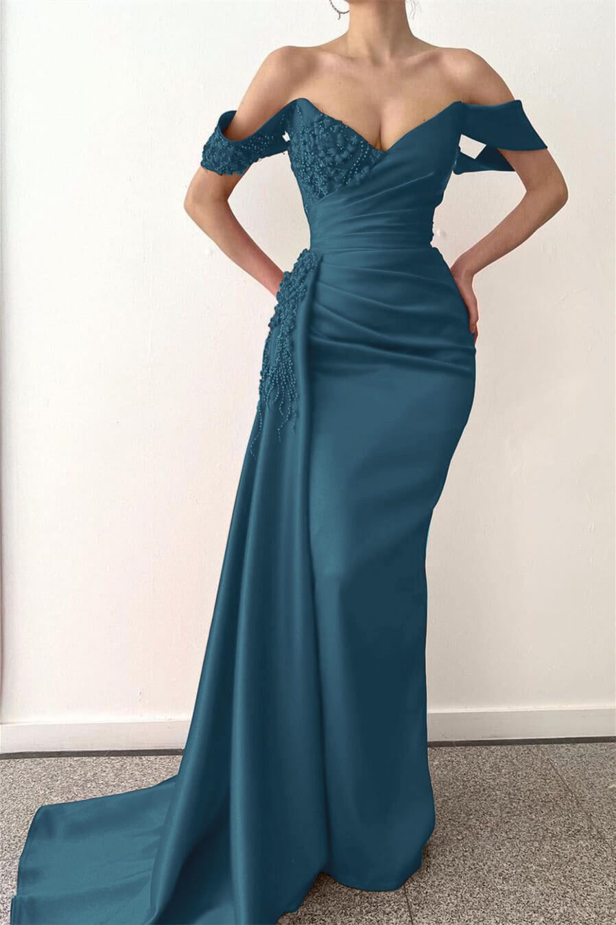 Red Mermaid Beadings V-Neck Off-the-Shoulder Prom Dress Long with Ruffles