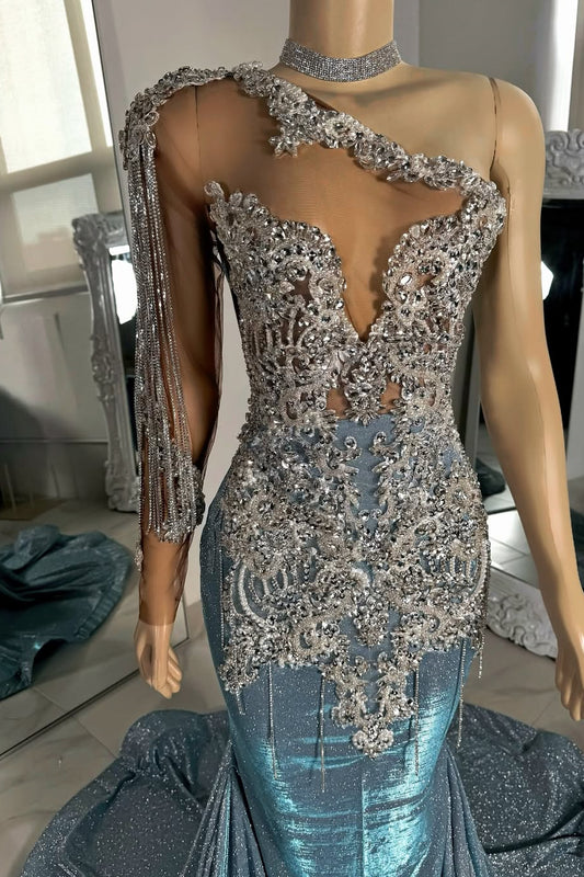 Modern Dusty Blue One Shoulder Long Sleeves Prom Dress Mermaid With Beadings Tassels