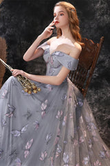 New Arrival Dusty Blue Long Tulle Prom Dress Butterfly Sequins Lace Up