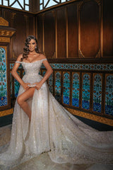Elegant Long Off-The-Shoulder Wedding Dresses Featuring Sequins and a Slit