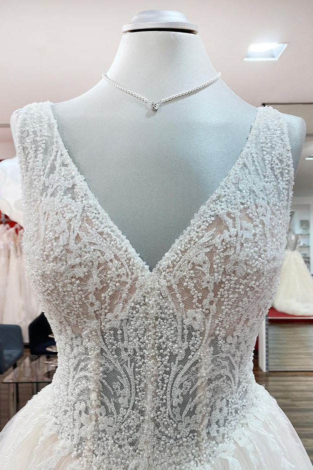 Elegant Ivory Princess Wedding Dress with V-neck, Long Ruffles, and Tulle Lace