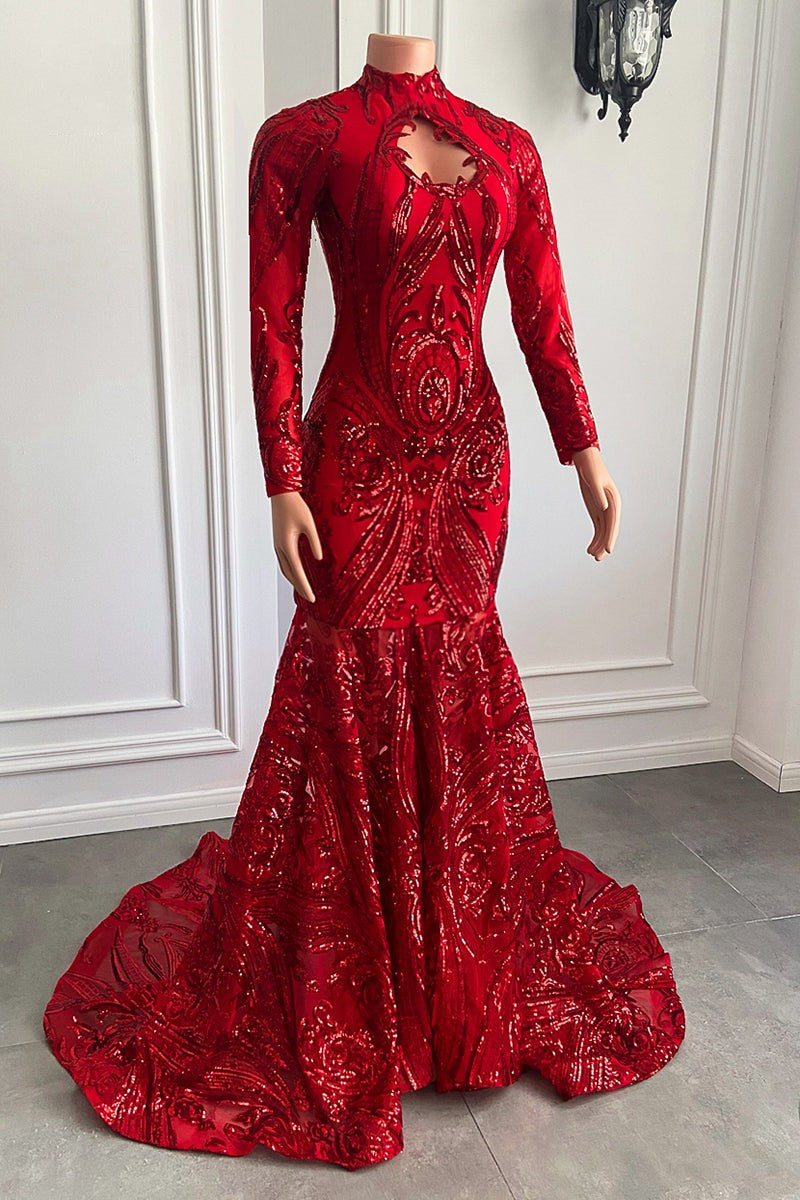 Modern Red Long Sleeves Sequins Prom Dresses Mermaid High Neck