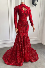 Modern Red Long Sleeves Sequins Prom Dresses Mermaid High Neck