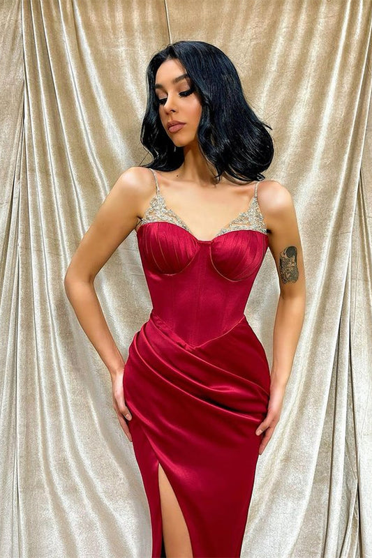 Classic Burgundy Spaghetti-Straps Mermaid Prom Dress Split With Beads