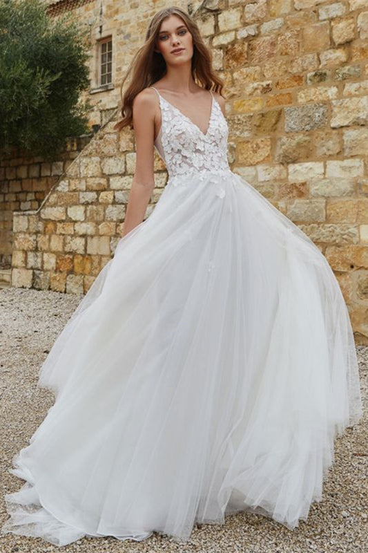 A-Line Lace Wedding Dress with Spaghetti Straps and Tulle