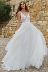 A-Line Lace Wedding Dress with Spaghetti Straps and Tulle