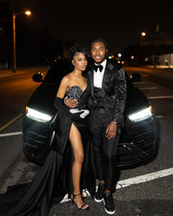Black Sequin Strapless Prom Dress Long Slit Pleated