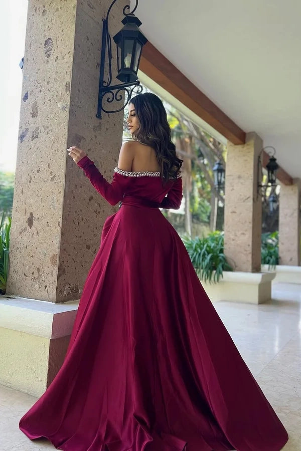 Burgundy Long Sleeves Strapless Sweetheart A-Line Beads Prom Dress