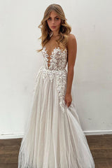 Elegant A-line Sheer Wedding Gown with Tulle Appliques, Floor Length
