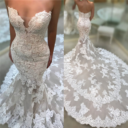 Long Mermaid Wedding Dress with V-Neck and Strapless Backless Lace Appliques