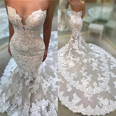 Long Mermaid Wedding Dress with V-Neck and Strapless Backless Lace Appliques