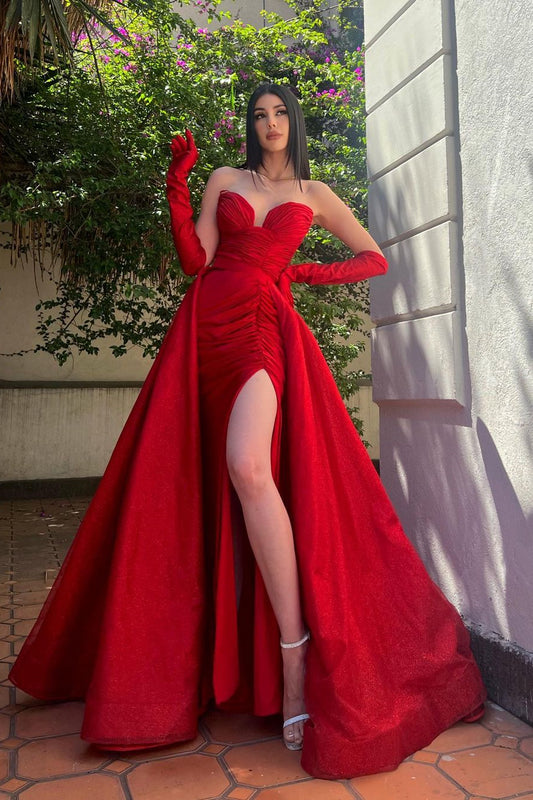 New Arrival Red Sweetheart Sleeveless Mermaid Prom Dress Overskirt With Split