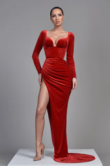 Modern Long Sleeves Red Prom Dresses Velvet Split Long Mermaid