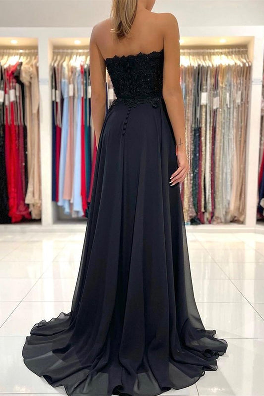 Modern Black Sweetheart Chiffon Prom Dress Appliques With Split